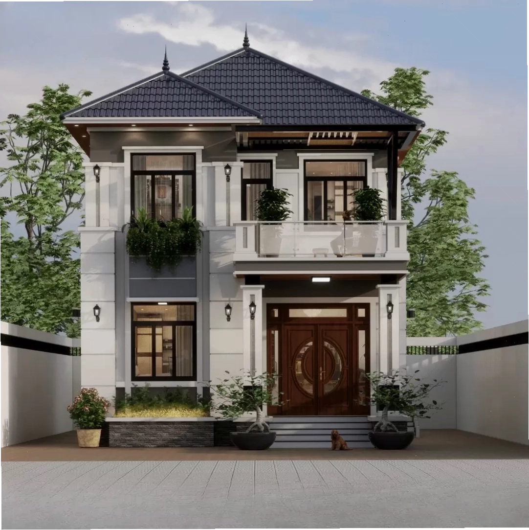 Mẫu nhà mái Nhật 2 tầng 8x10m hiện đại với nội thất tiện nghi và không gian xanh