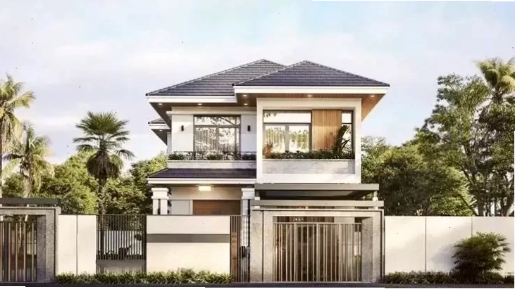 Mẫu nhà mái Nhật 2 tầng 8x10m với kiến trúc vuông vắn và mái dốc ấn tượng