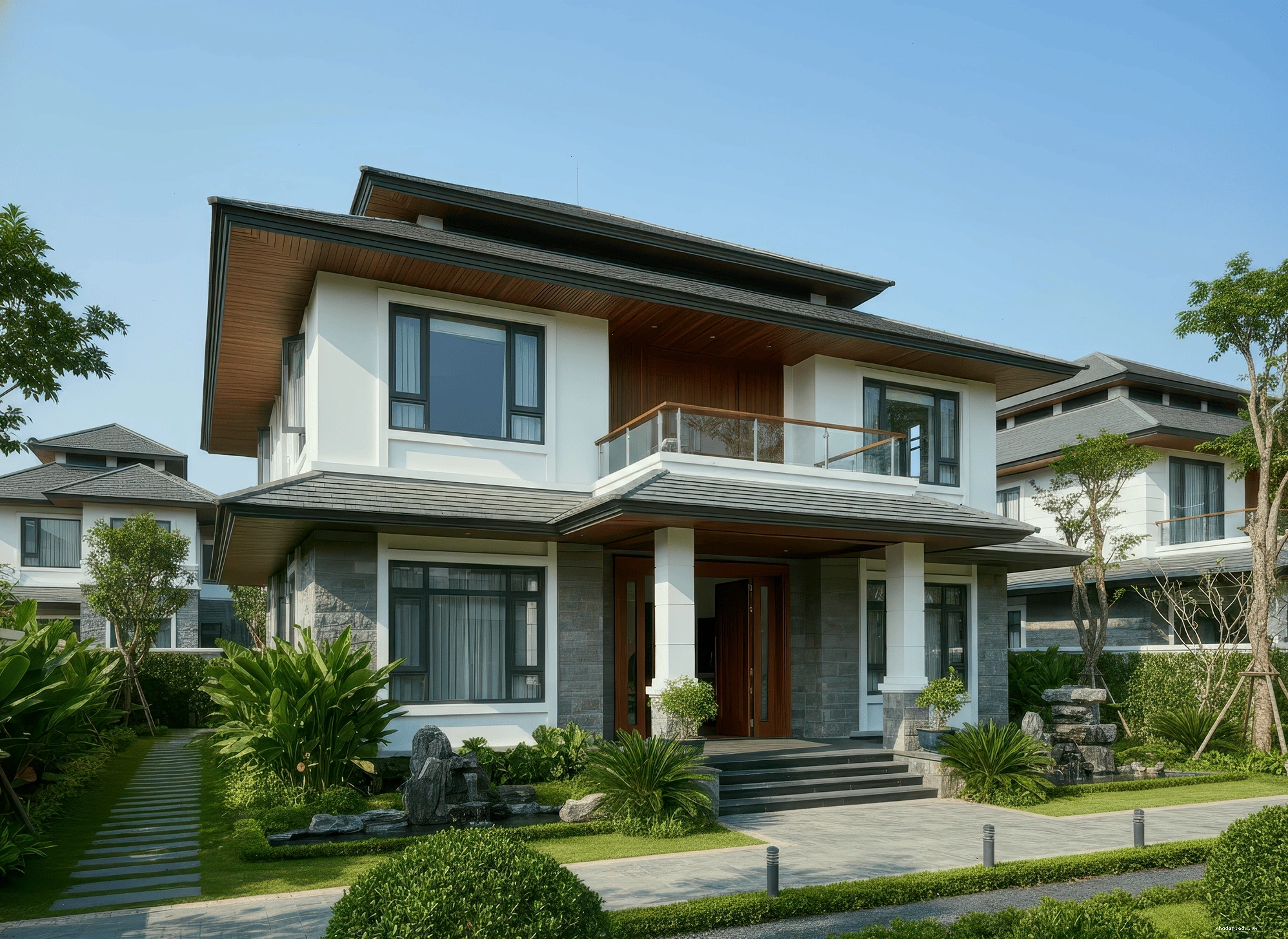 Mẫu nhà mái Nhật 2 tầng chữ L với sân vườn xanh mát
