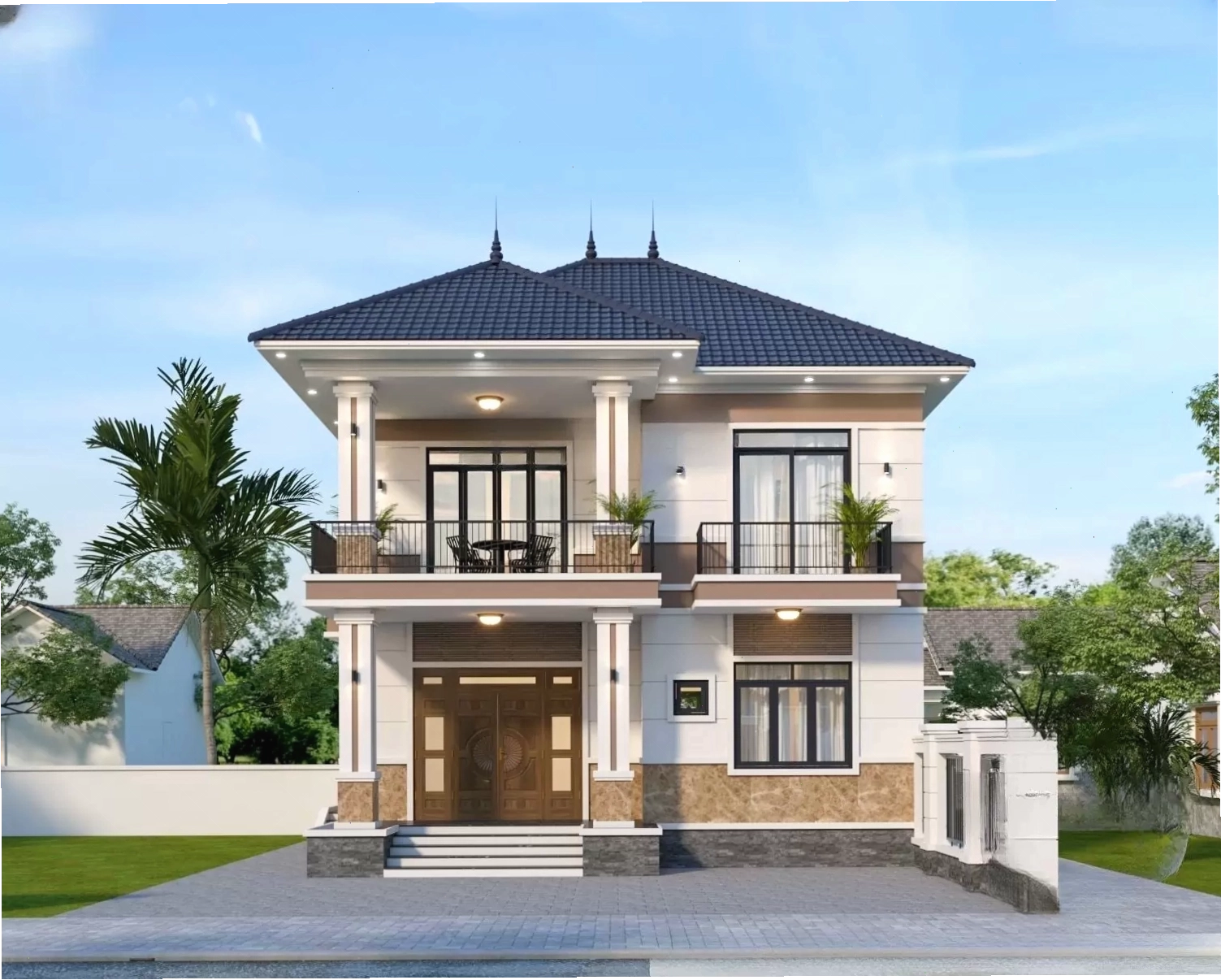 Mẫu nhà mái Nhật hai tầng hiện đại với gam màu trung tính và vật liệu kính sang trọng