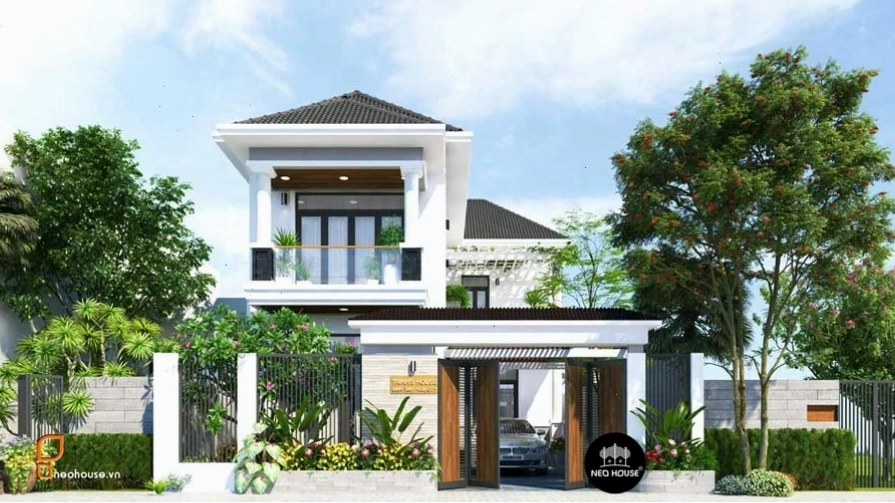 Mẫu nhà mái Thái 2 tầng chữ L đẹp với khoảng sân vườn thoáng đãng