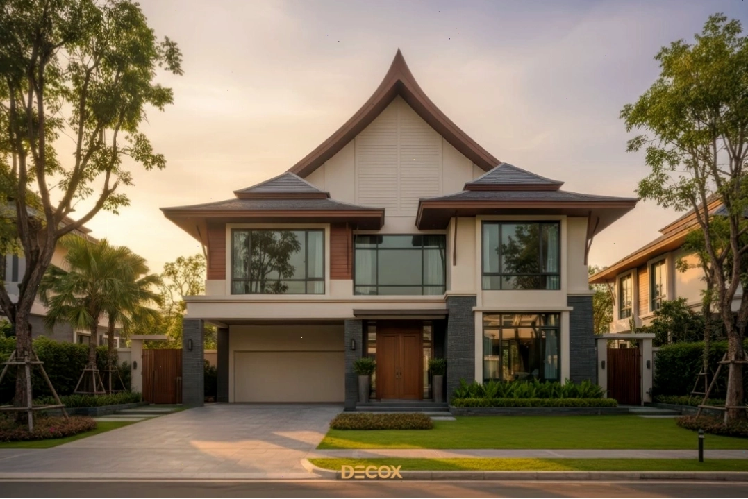 Mẫu nhà mái Thái 3 phòng ngủ nổi bật với sân lát gạch và bồn hoa