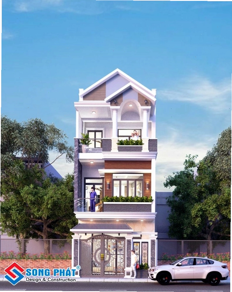 Mẫu nhà mái thái trệt 2 lầu ốp gỗ và gạch giả đá