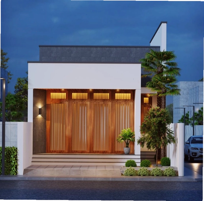 Mẫu nhà ống mái bằng 1 tầng 100m2 với thiết kế hiện đại, có gara để ô tô