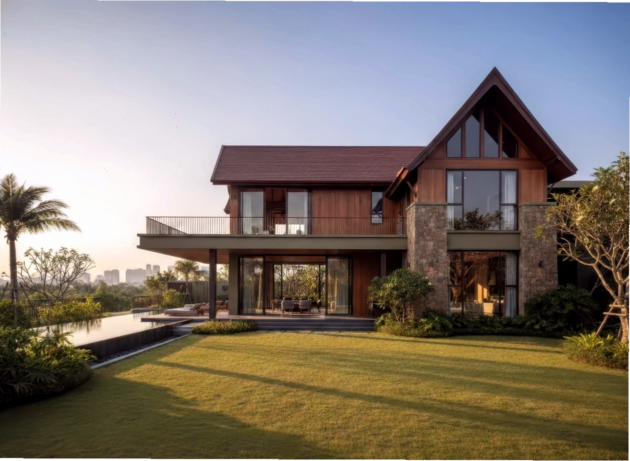 Mẫu nhà phố 2 tầng mái thái có gara ô tô tiện lợi