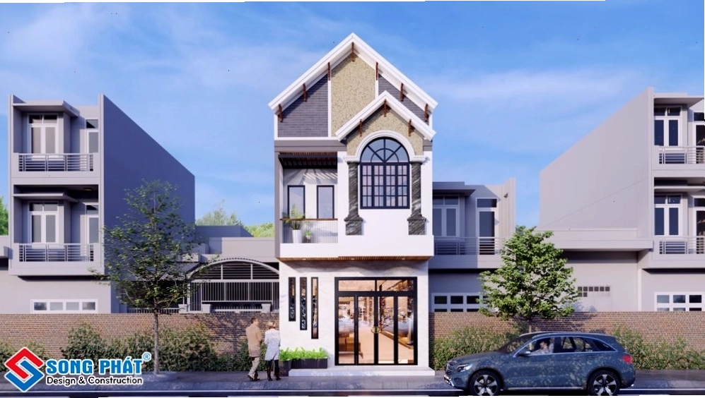 Mẫu nhà phố mái thái nhiều cửa sổ và ban công