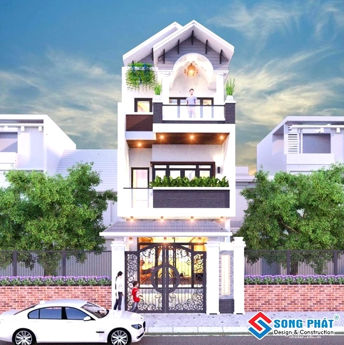Mẫu nhà phố mái thái trệt 2 lầu ốp gỗ