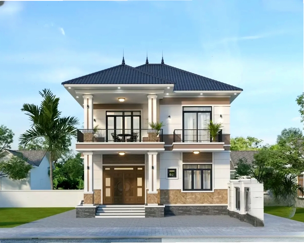 Mẫu nhà vườn 2 tầng mái Nhật với 3 phòng ngủ và 1 phòng thờ, diện tích 100m²
