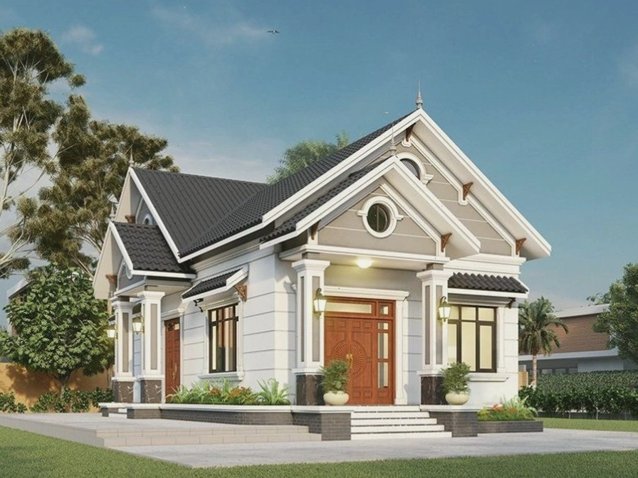 Mẫu nhà vườn mái thái 1 tầng đẹp với thiết kế chữ L và hồ cá koi
