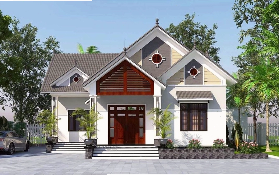 Mẫu nhà vườn mái thái 1 tầng hình chữ nhật với mái thái xanh ấn tượng