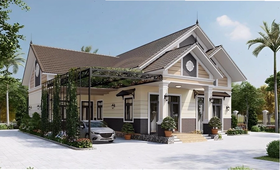 Mẫu nhà vườn mái thái 2 tầng phong cách hiện đại kết hợp mái thái