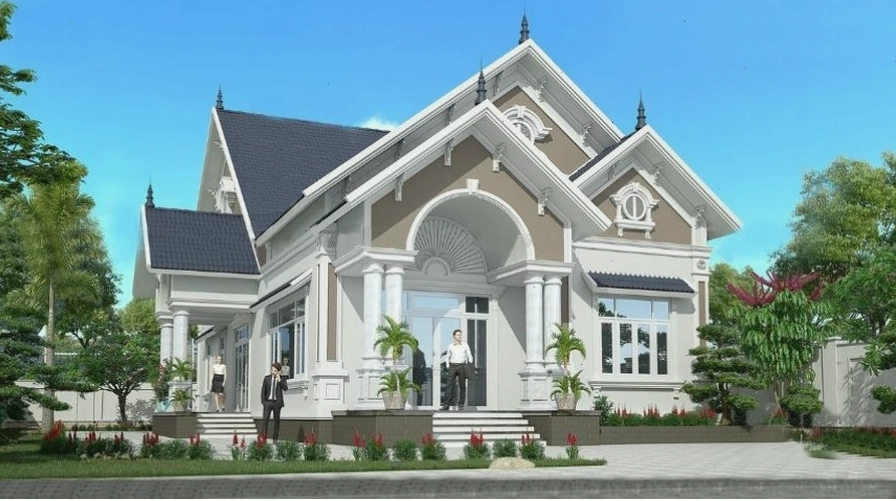 Mẫu nhà vườn mái thái 2 tầng với ban công rộng và gara ô tô