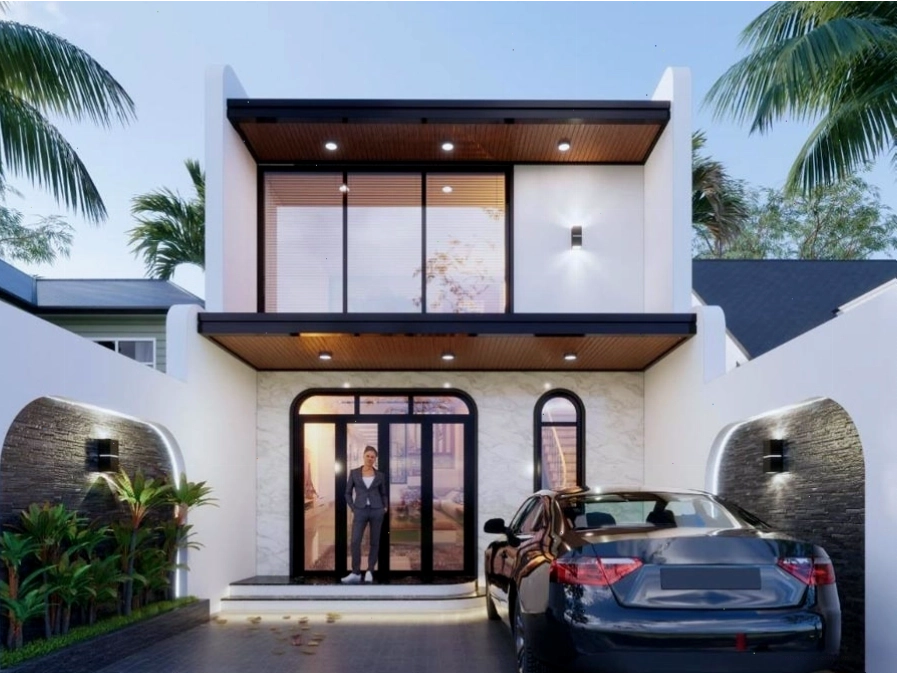 Mẫu nhà vuông 2 tầng mái bằng hiện đại 3 phòng ngủ với tông màu trắng chủ đạo, cửa kính lớn