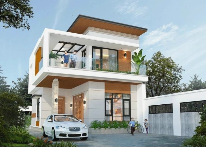 Mẫu nhà vuông 2 tầng mái bằng phong cách hiện đại với các đường nét kiến trúc khỏe khoắn và ban công kính ấn tượng