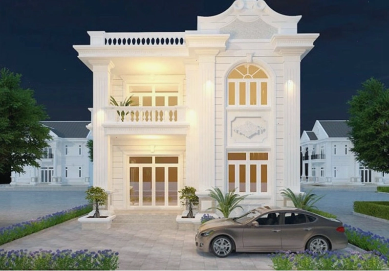Mẫu nhà vuông 2 tầng mái bằng tân cổ điển với các chi tiết phào chỉ tinh tế và mái bằng phẳng sang trọng