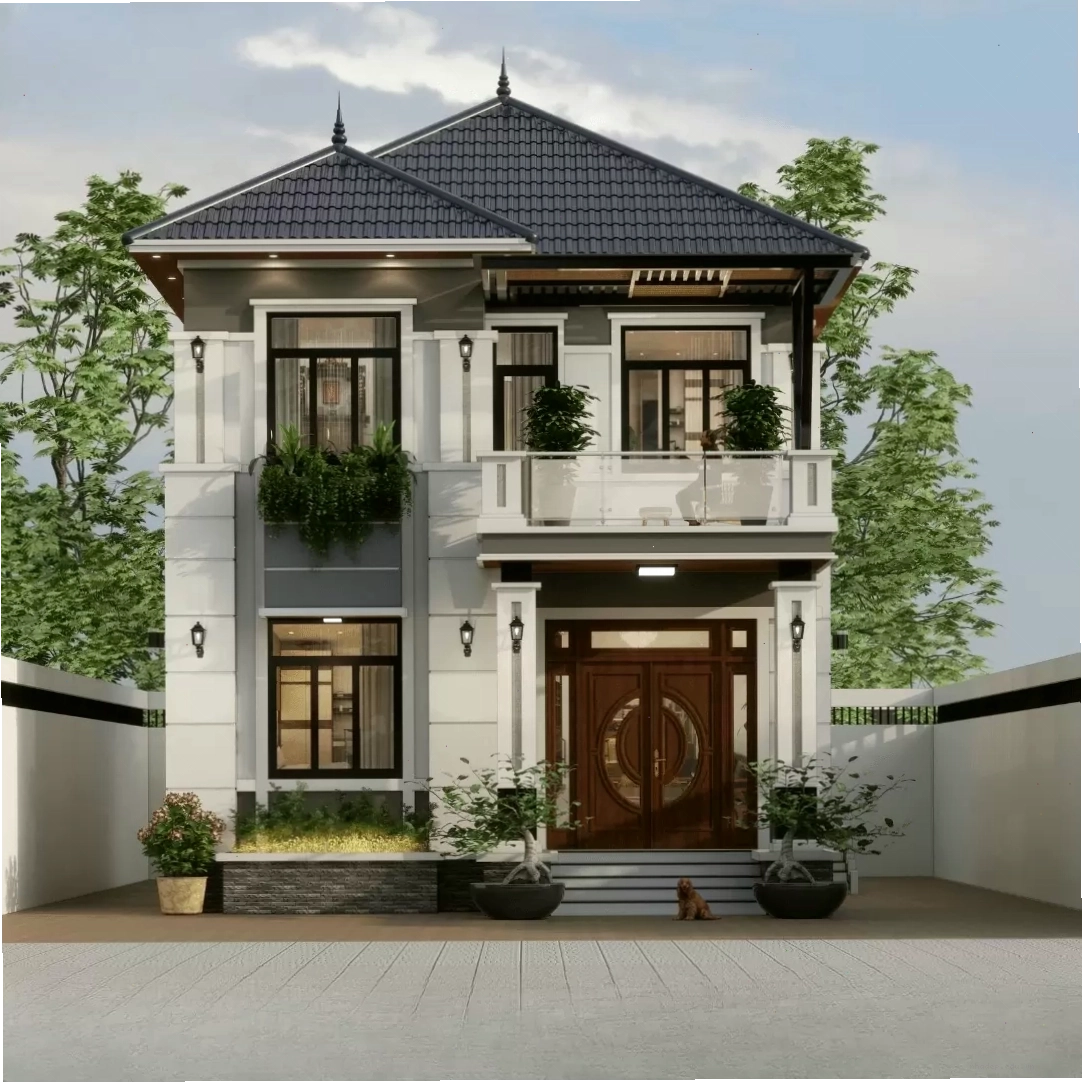 Mẫu nhà vuông 2 tầng mái nhật 8x10m hiện đại, tiện nghi