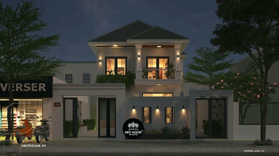 Mẫu nhà vuông 2 tầng mái Thái cân đối và hài hòa
