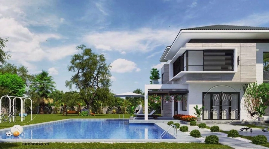 Mẫu nhà vuông 2 tầng mái Thái với kiến trúc cân đối và bề thế