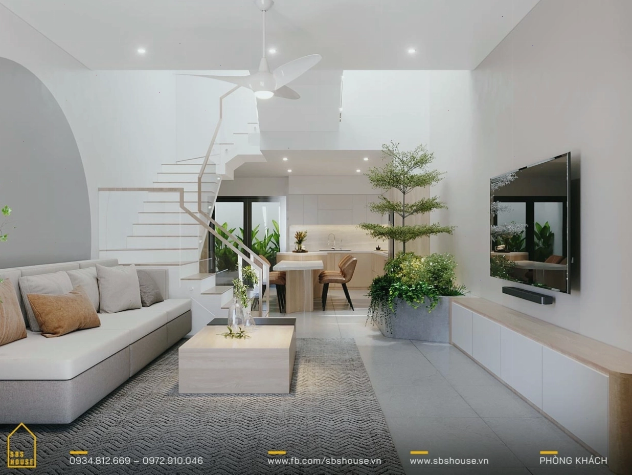 Mẫu thiết kế cầu thang nhà lệch tầng đẹp với lan can kính