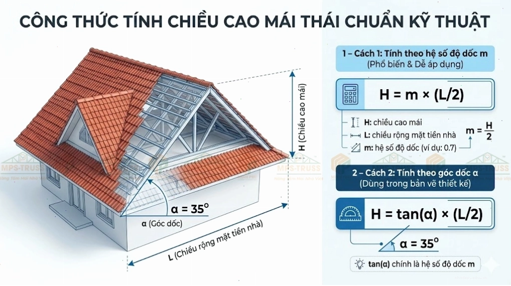 Minh họa công thức tính chiều cao mái Thái