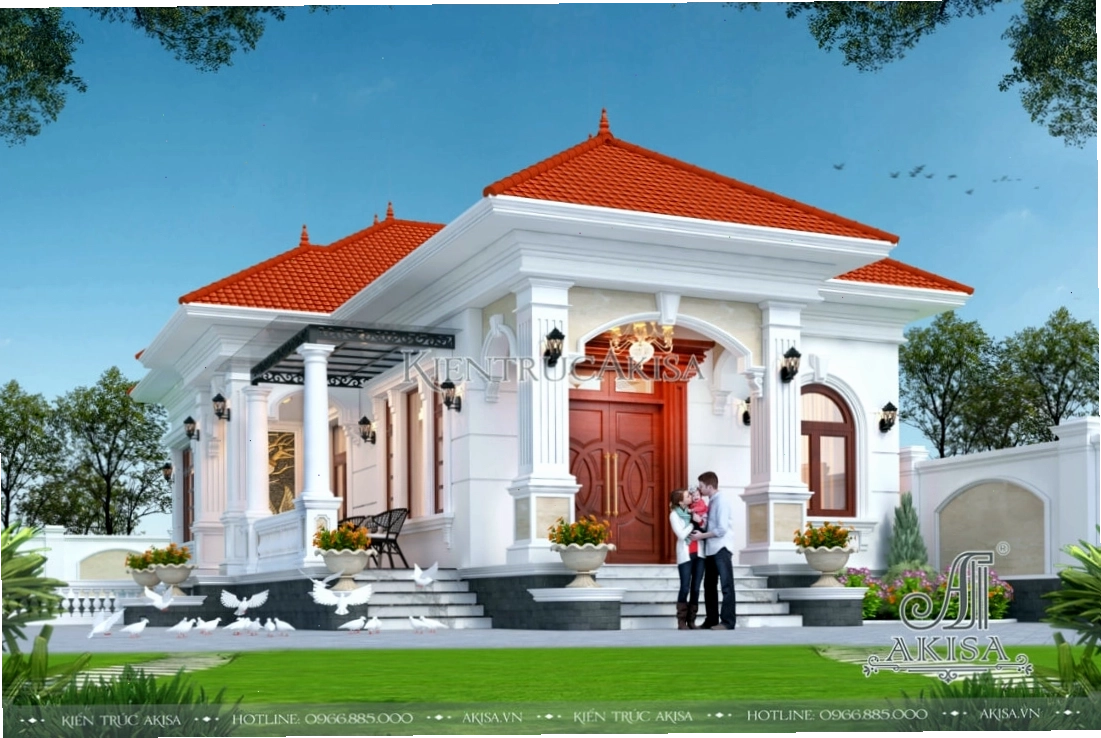 Ngôi nhà 1 tầng chữ L mái Nhật nổi bật với màu trắng và mái cam