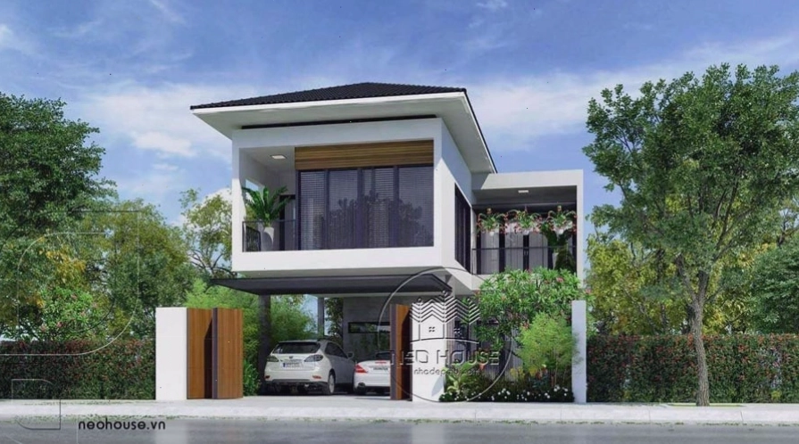 Ngôi nhà 1 trệt 1 lầu mái Thái hiện đại với cảnh quan sân vườn