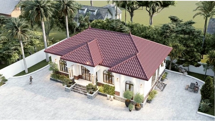 Ngôi nhà mái Nhật 1 tầng với các ô cửa kính lớn tạo sự thông thoáng