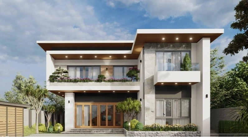 Nhà 2 tầng mái bằng hiện đại có sân vườn xanh mát, tạo không gian sống thư thái