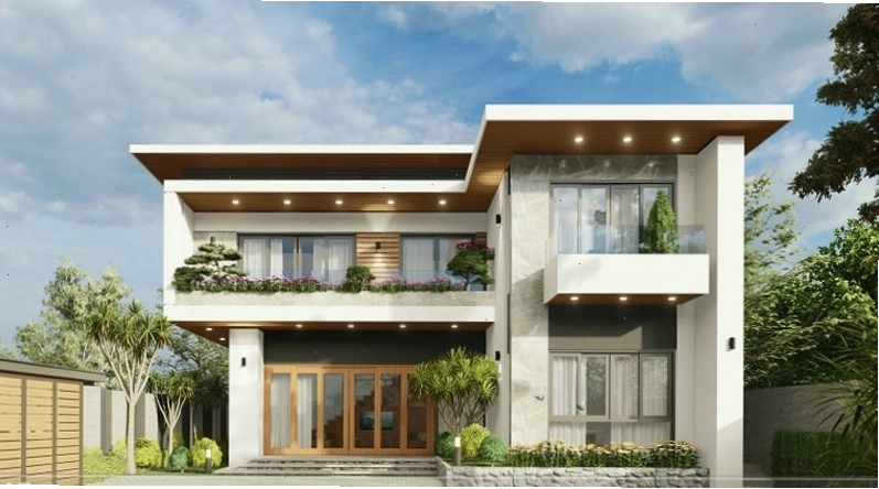 Nhà 2 tầng mái bằng hiện đại kết hợp sân vườn xanh mát