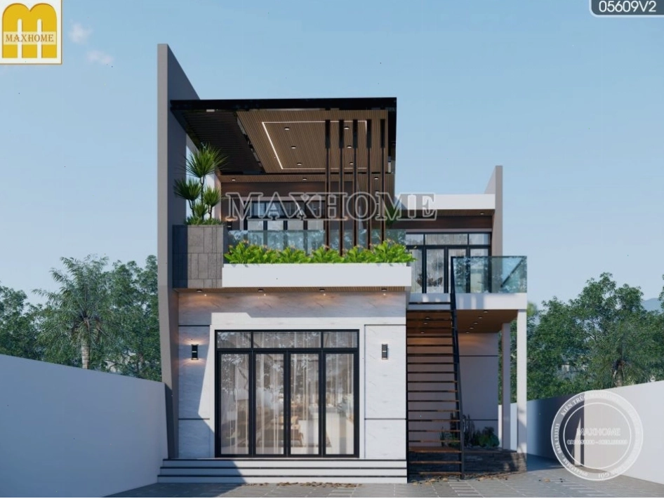 Nhà 2 tầng mái bằng tân cổ điển với các chi tiết trang trí tinh xảo