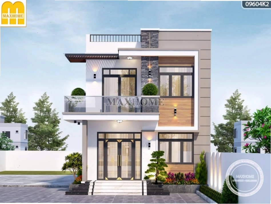 Nhà 2 tầng mái bằng với ban công xanh mát