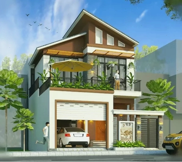 Nhà 2 tầng mái lệch hiện đại có gara ô tô tiện nghi