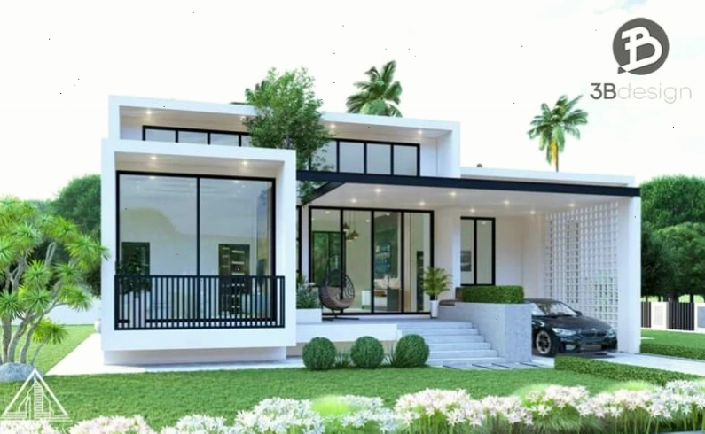 Nhà cấp 4 mái bằng có sân vườn rộng rãi, sử dụng cửa sổ lớn để đón sáng