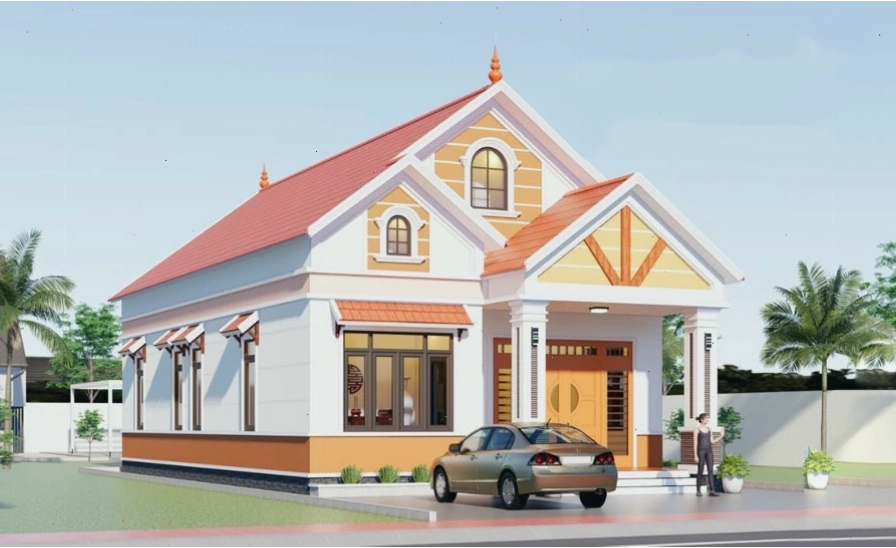Nhà cấp 4 mái ngói đỏ cổ điển với các chi tiết trang trí tinh xảo