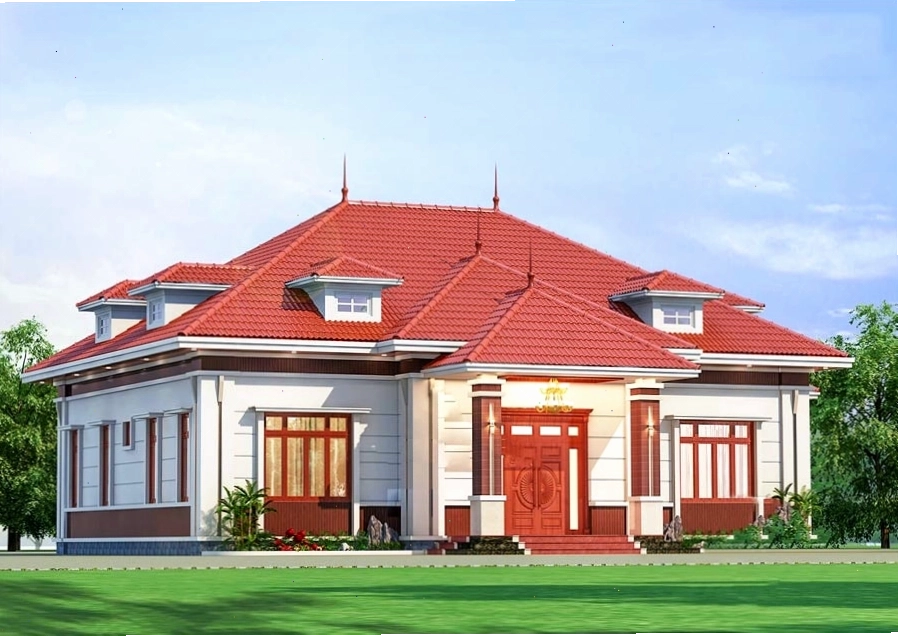 Nhà cấp 4 mái ngói đỏ cổ điển với hệ cửa gỗ sang trọng