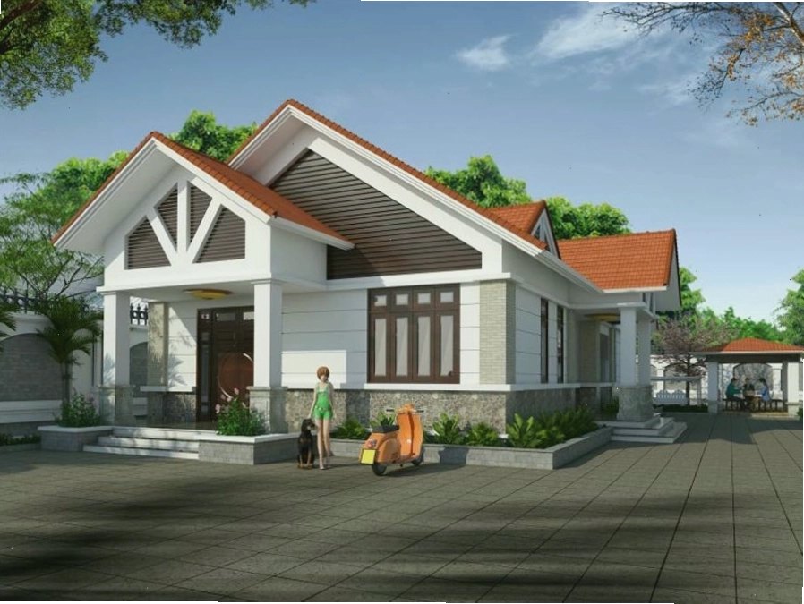 Nhà cấp 4 mái ngói đỏ hiện đại với các đường nét tinh tế