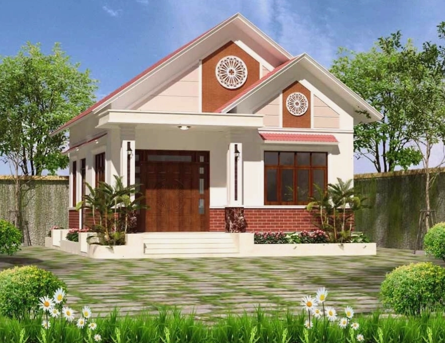Nhà cấp 4 mái ngói đỏ truyền thống với không gian sân vườn xanh mát