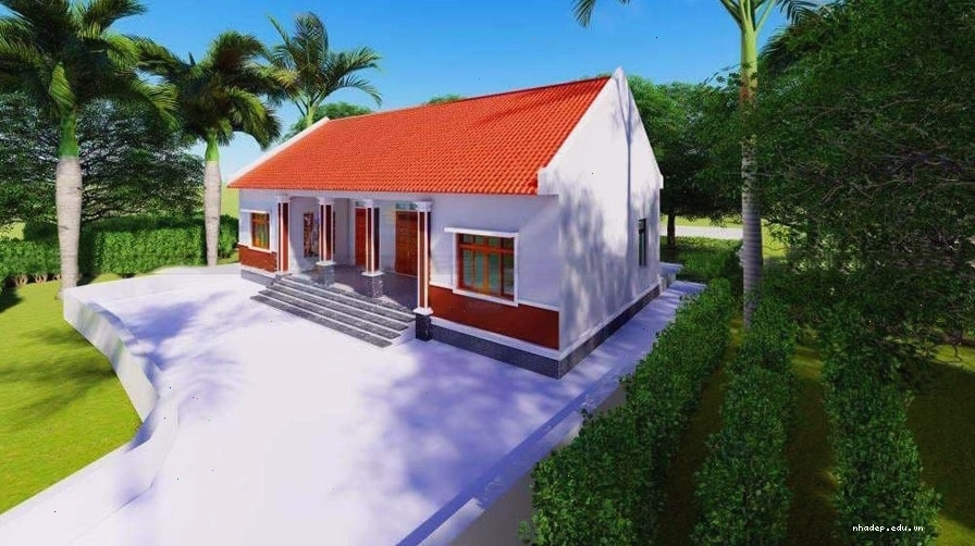 Nhà cấp 4 mái ngói đỏ truyền thống với mái hiên rộng