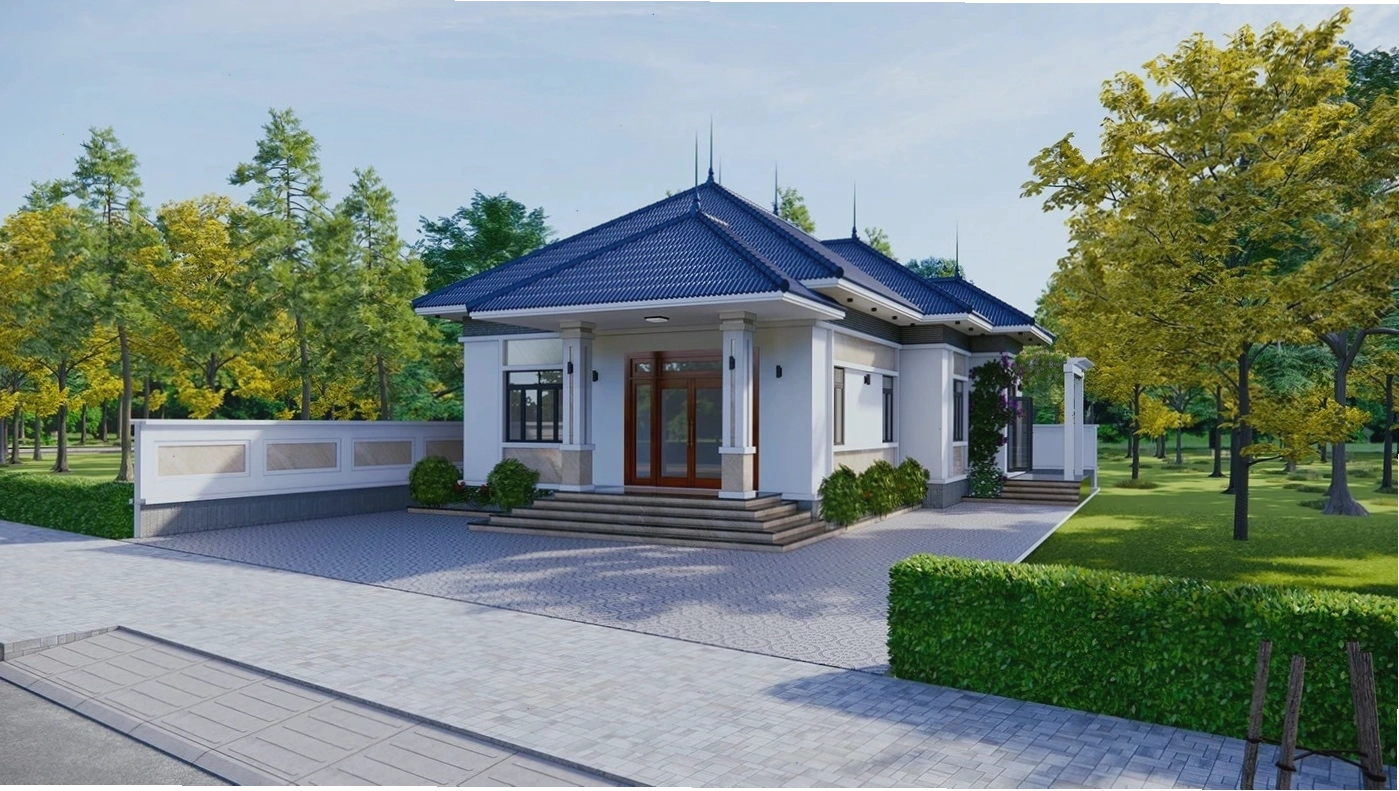 Nhà cấp 4 mái Nhật ở nông thôn với khoảng sân vườn rộng rãi, cây xanh bao quanh