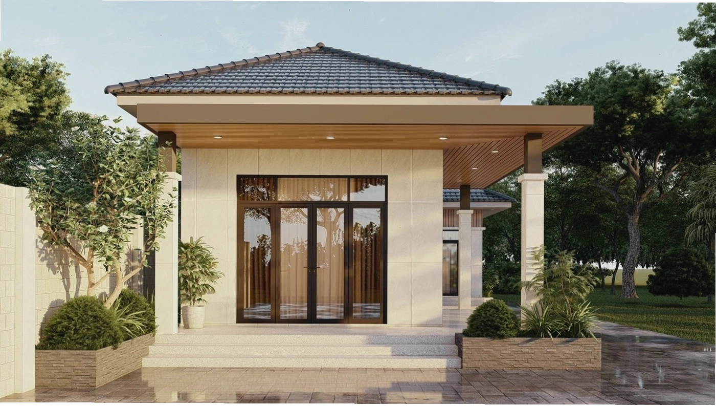 Nhà cấp 4 mái Nhật thiết kế đơn giản, sử dụng nhiều cửa kính lớn