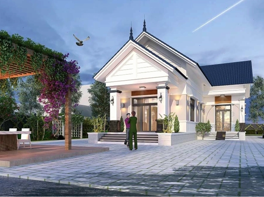 Nhà cấp 4 mái thái chữ L đơn giản với gam màu trung tính