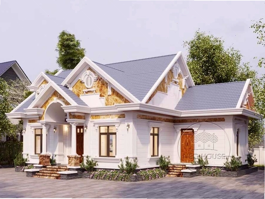 Nhà cấp 4 mái thái chữ L tân cổ điển với các chi tiết trang trí tinh xảo