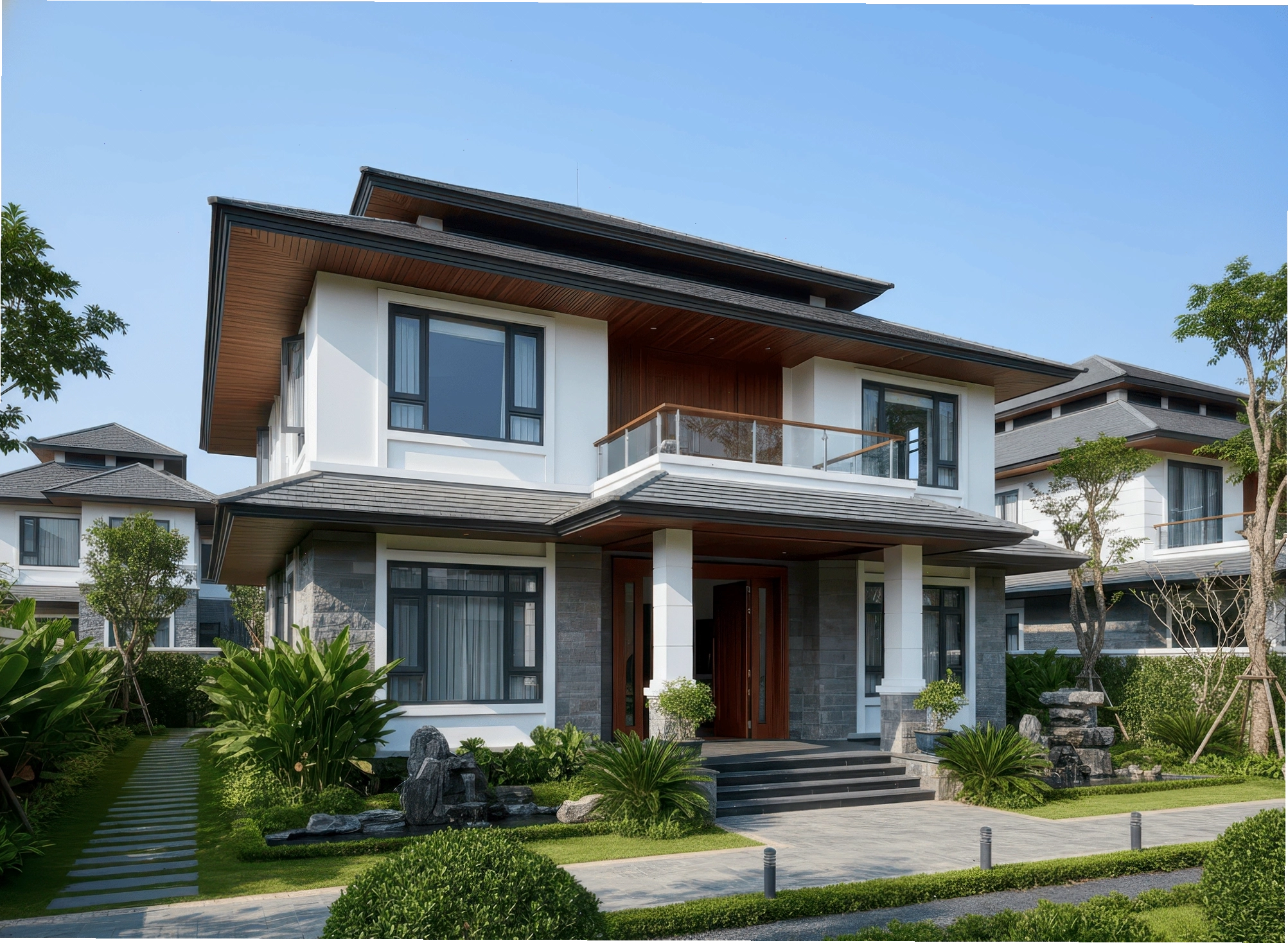 Nhà hai tầng mái Nhật hài hòa với không gian sân vườn xanh mát