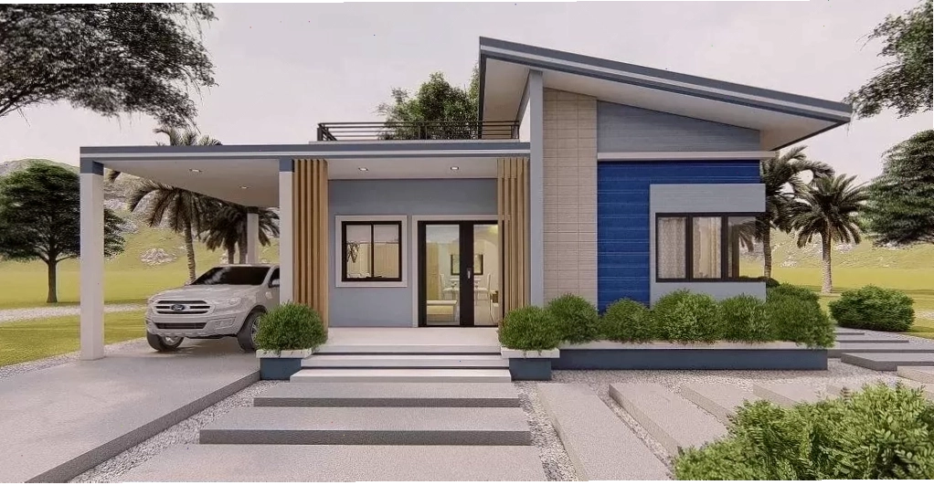 Nhà mái lệch có gara ô tô thiết kế hiện đại