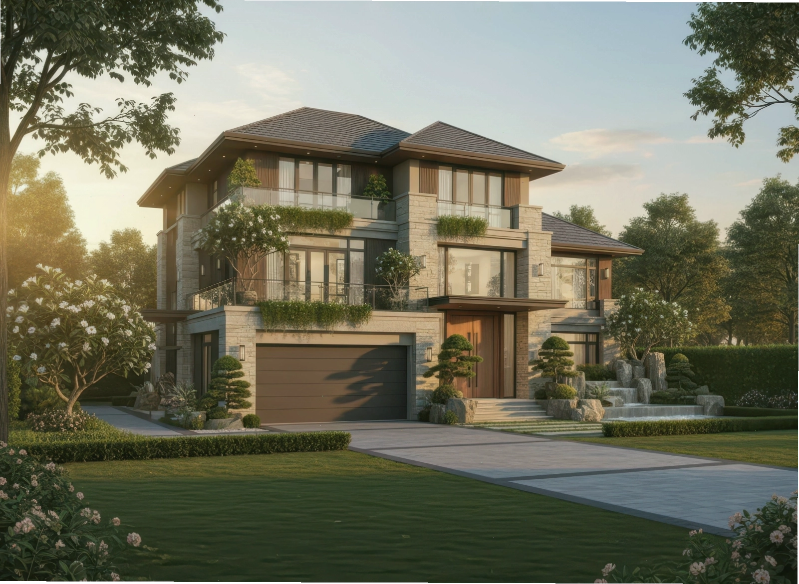 Nhà mái Nhật 3 tầng phong cách tân cổ điển với các chi tiết phào chỉ và hoa văn tinh tế
