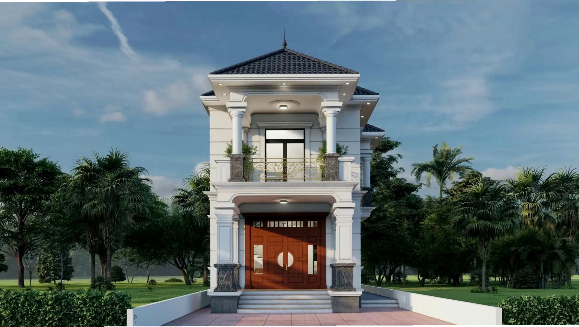 Nhà mái Nhật hai tầng tân cổ điển với các chi tiết phào chỉ tinh tế và sang trọng