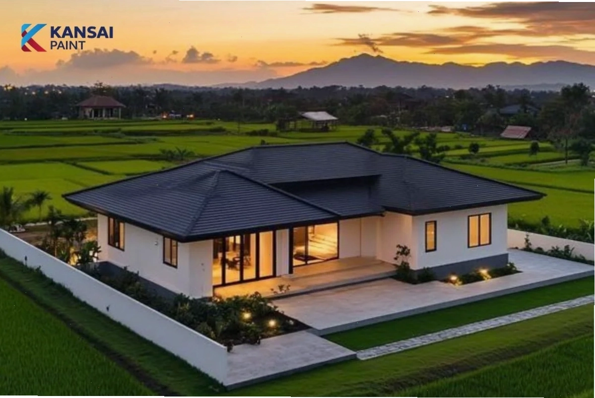 Nhà mái Nhật màu trắng tinh khôi, sang trọng với mái ngói ghi xám