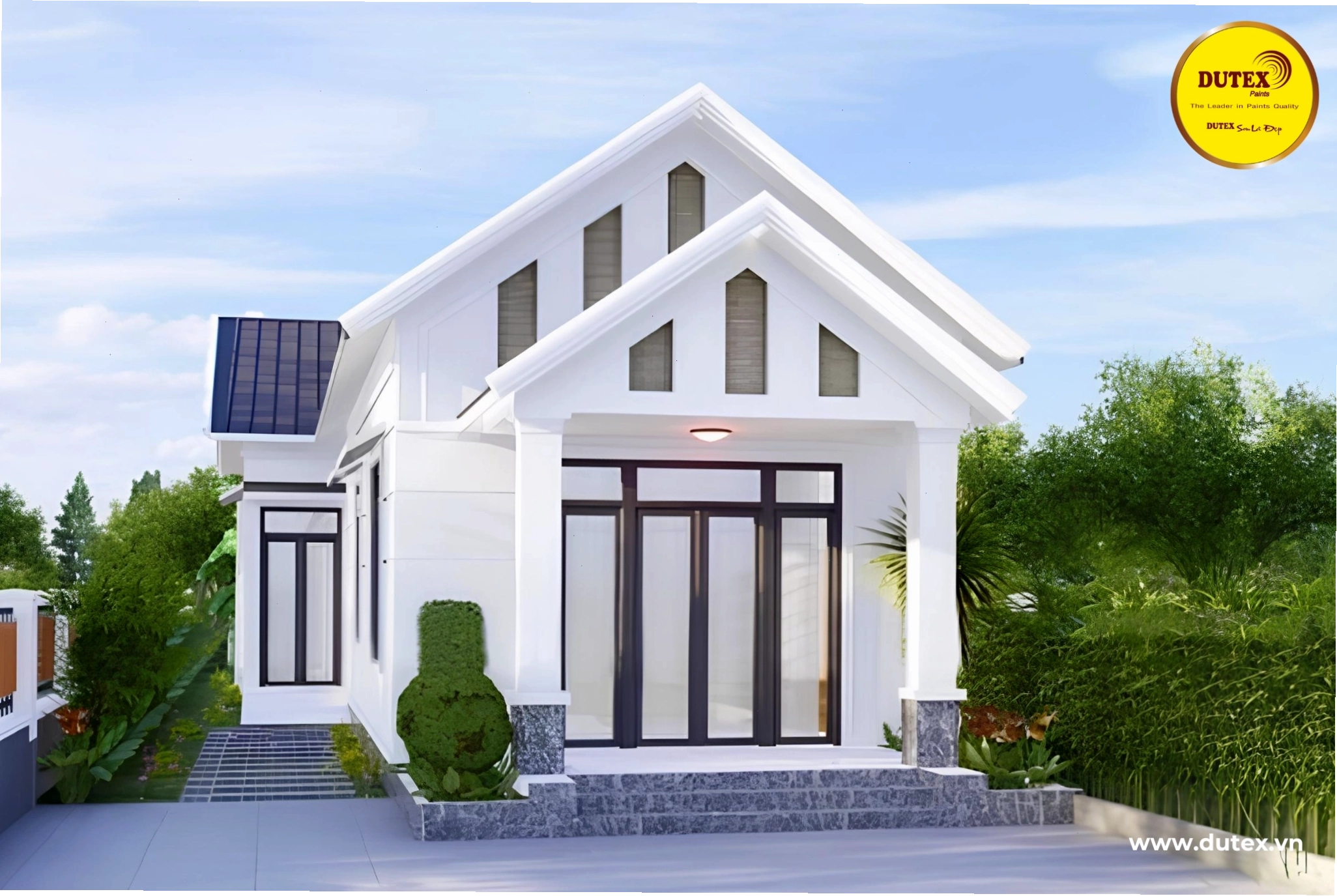 Nhà mái Thái sơn màu trắng sứ rạng rỡ, sáng sủa và tạo cảm giác rộng rãi