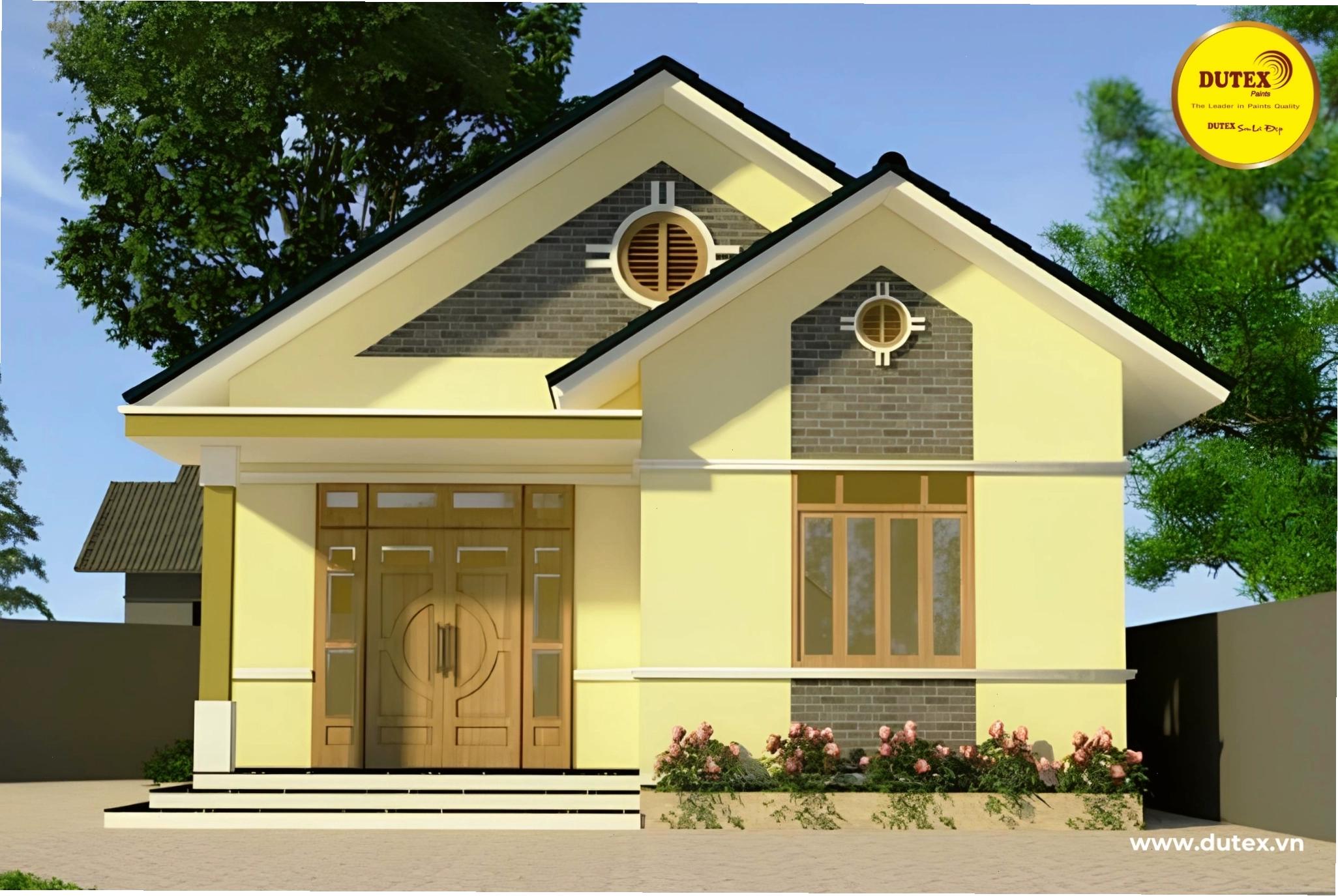 Nhà mái Thái sơn màu vàng nhạt ấm áp, thân thiện và tràn đầy năng lượng