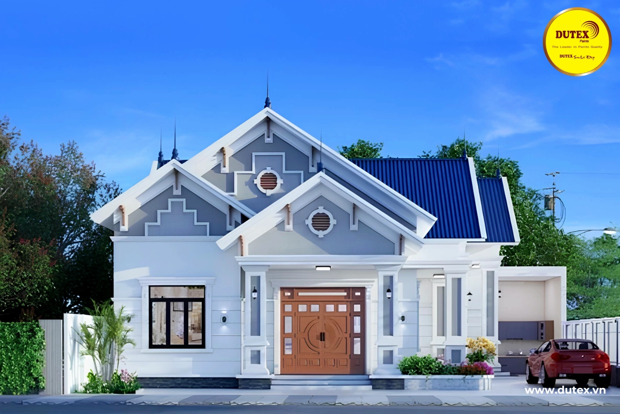 Nhà mái Thái sơn màu xanh dương dịu dàng, tinh tế và mang lại cảm giác bình yên